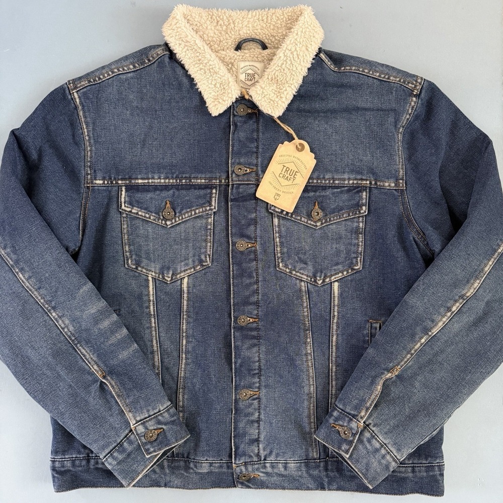 NWT True Craft Denim Sherpa Lined Mens Trucker Jacket - Picture 3 of 5
